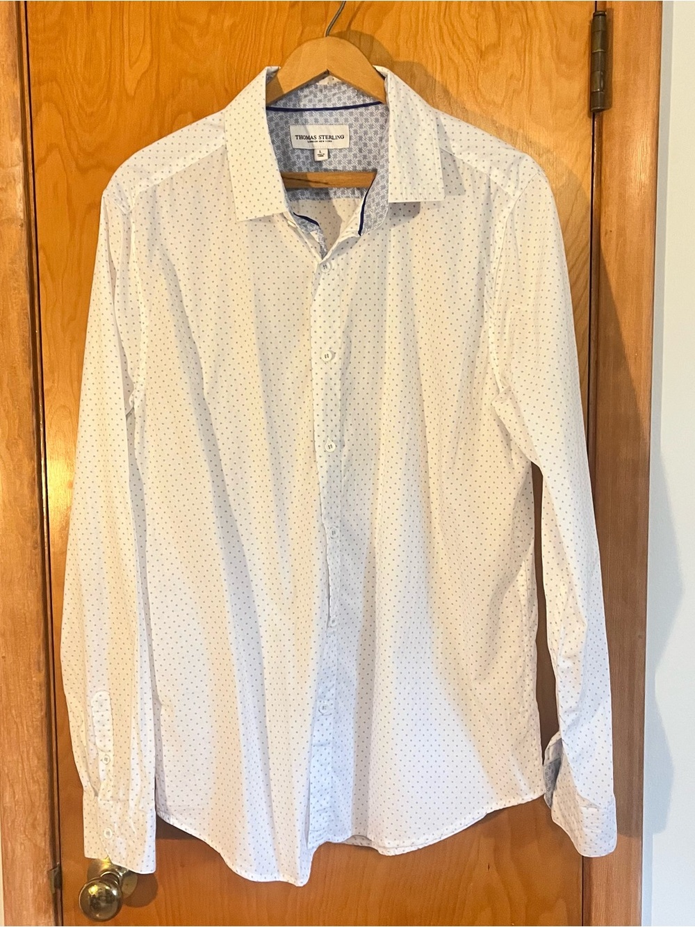 Thomas Sterling London New York Mens Long-Sleeve White Blue dots Dress Shirt L